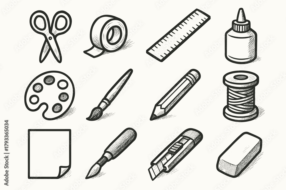Fototapeta premium Icon palette thread vector crafting tools paint tape icons sheet knife brush