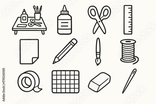Workspace eraser pencil glue paper paintbrush icon craft scissors vector icons station