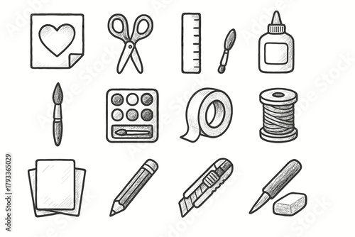 Tools pencil paintbrush palette ruler craft workspace eraser handmade scissors icon vector