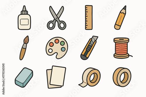 Ruler thread eraser paper vector collection scissors glue craft cutter icon palette