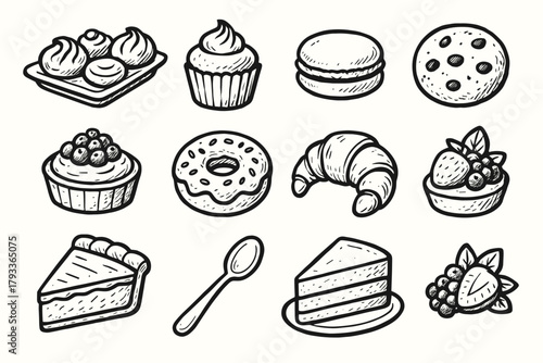 Macaron collection vector dessert slice topping spoon icon sweet cupcake cookie pastries