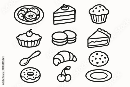 Vector macaron muffin cake icon set cherry cookie slice tart dessert croissant