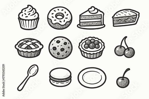 Collection pie icon cherry cake vector cookie icons cupcake tart cozy dessert