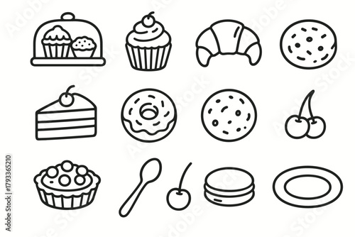 Cherry set croissant icon treats plate vector tart dessert spoon cupcake macaron