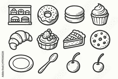 Tart vector icon patisserie spoon set grid croissant dessert fruit cookie macaron