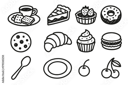 Icon slice time vector plate cherry macaron pie donut cookie spoon desserts
