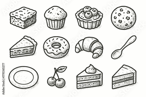 Muffin dessert collection icon cherry plate homemade tart vector slice donut cake