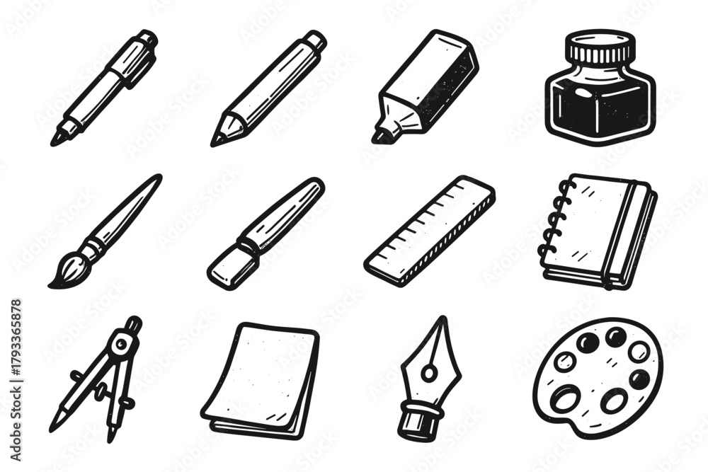 Obraz premium Brush ruler tools palette vector drawn pad bottle icon marker eraser pencil