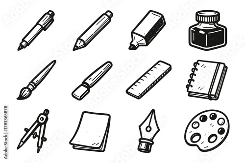 Brush ruler tools palette vector drawn pad bottle icon marker eraser pencil