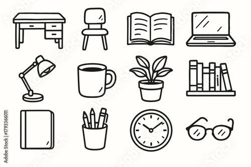 Home notebook icon clock open mug icons cup vector chair bookshelf study