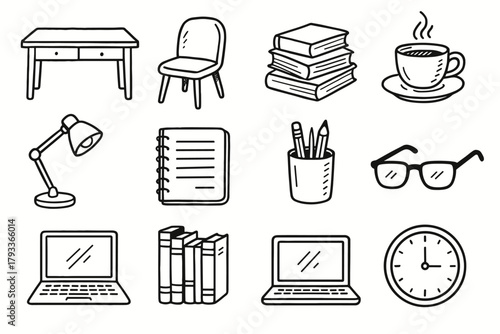 Table cup pencil desk laptop study vector lamp glasses icons home icon