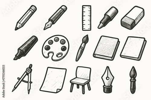 Hand traditional icon brush ink vector set pen sketchbook paper palette drawn
