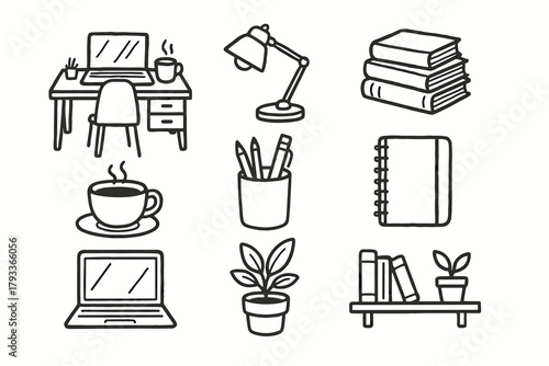 Books table study setup icons home shelf vector icon pencil stack pot