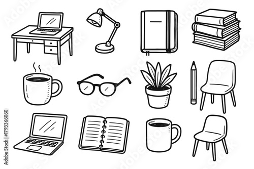 Icon laptop home journal corner pot mug glasses notebook vector icons study