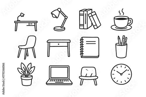 Minimal laptop icon desk books vector plant pencil clock icons study