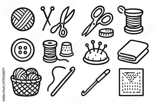 Yarn set icon pincushion crochet ball knitting measuring tape vector thimble