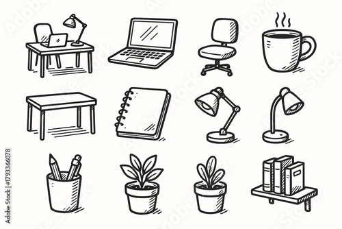 Holder desk focused icons study vector lamp notebook icon home pot chair