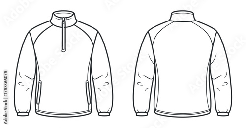 Raglan Sleeve Fleece Pullover Outline Vector Fashion Technical Sketch Template Front and Back View Isolated on Transparent Background