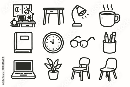 Laptop chair vector icons workspace icon home study evening desk pen lamp
