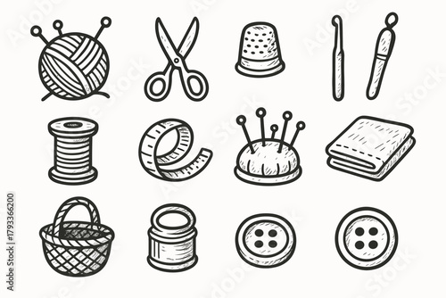 Tape knitting measuring skein yarn pincushion spool hook vector set crochet icon