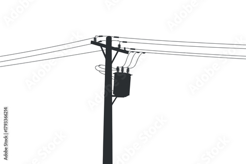 Silhouette of Electricity Pole with Wires and Transformer Electrical Equipment for Voltage Conversion on Transparent Background Exactly 180 Characters