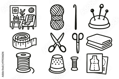 Vector workspace thread tape knitting icon paper corner icons pincushion creative thimble