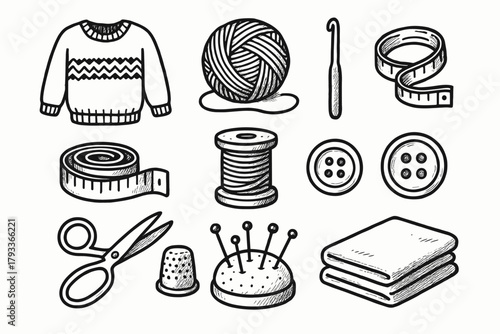 Scissors icon craft knitting button yarn ball pincushion vector collection set hook