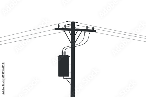 Silhouette of Electric Utility Pole With Power Lines and Transformer, Distributing Electricity, Providing Energy, Supplying Power to Buildings