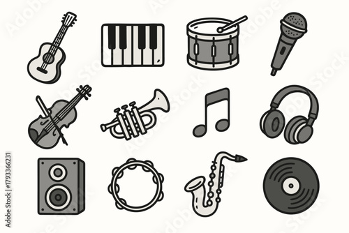 Record saxophone keyboard microphone note drum tambourine icon mosaic vector music speaker