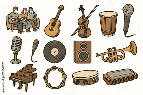 Vector trumpet collection music violin piano cozy speaker guitar jam icon microphone