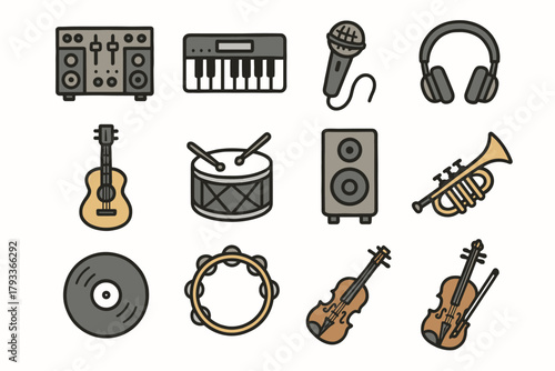 Drum violin music setup headphones collection tambourine sound speaker vector record icon