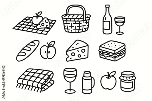 Basket bread set cheese jam sandwich icon picnic wine vector jar