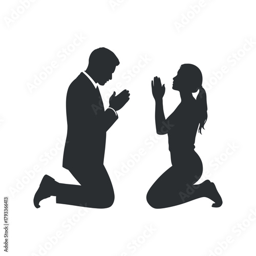 Silhouettes of Man and Woman Praying on Their Knees in Supplication with Hands Clasped in Front of Them in Humble Appeal Pose on Isolated White Background