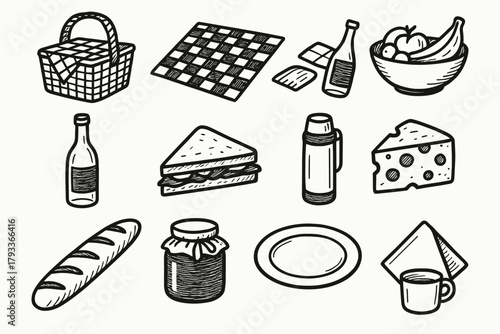 Bowl fruit icons plate icon collection jar napkin picnic vector cup set