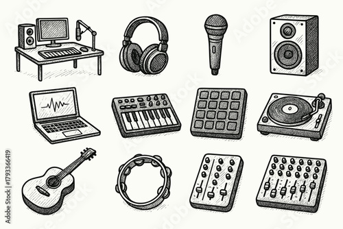 Icon headphones music mixer player home record pad guitar vector setup set