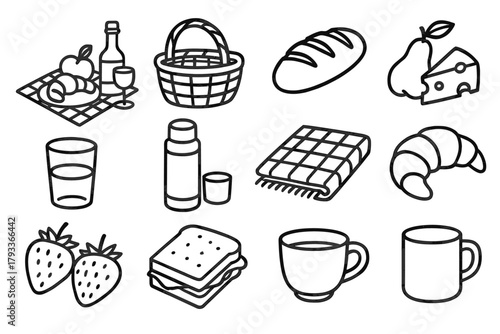 Cup bread essentials croissant icons basket blanket lunch icon picnic outdoor cheese