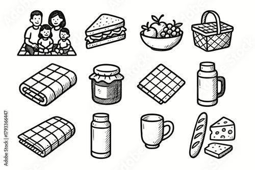 Set vector icon fruit picnic jar family basket napkin thermos cheese
