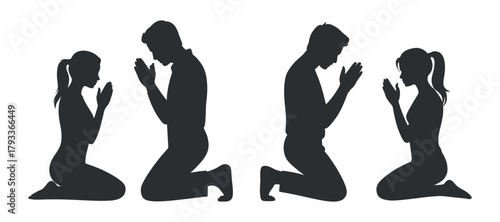 Silhouettes of People Praying on Their Knees in Different Poses in Dark Color Isolated on Transparent Background Vector Illustration