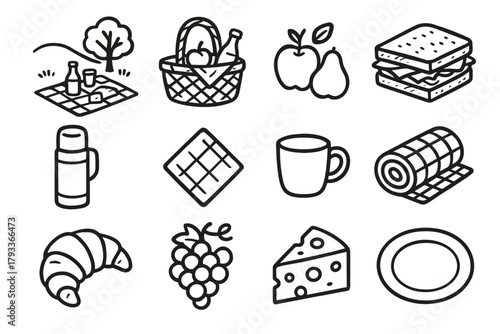 Icons croissant wedge cup picnic icon cheese vector basket thermos grapes sandwich
