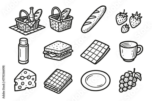 Blanket bread cup napkin thermos icons essentials picnic cheese sandwich icon setup