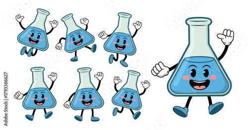 Cartoon Conical Flask Characters with Arms and Legs Laboratory Glassware Mascot Chemistry Science Equipment with Blue Liquid Isolated