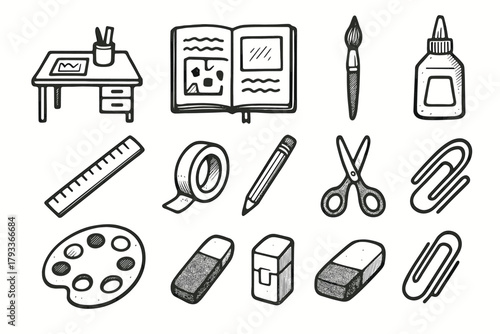 Bottle icon desk art tape eraser scissors palette paper vector clips journal