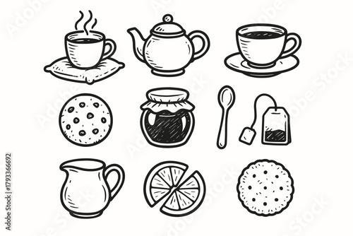 Teacup honey evening milk biscuit cozy icon vector collection tea bag jug