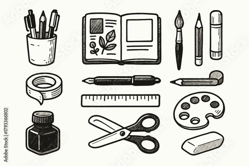 Eraser journal palette tape pen vector art tools scissors icon ink sketchbook