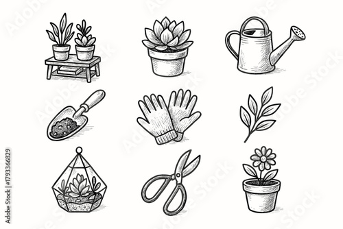 Scissors pot gloves garden can packet cozy soil botanical icon set vector