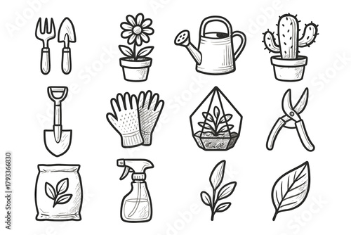 Soil tools botanical set vector bag icon pruning gloves flower mini terrarium