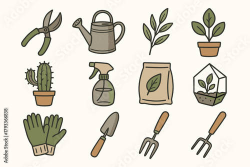 Tool greenery botanical can shovel vector rake icons sprayer icon bag cactus