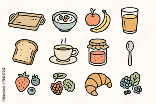 Croissant start icon toast tray vector fruit breakfast orange bowl set yogurt