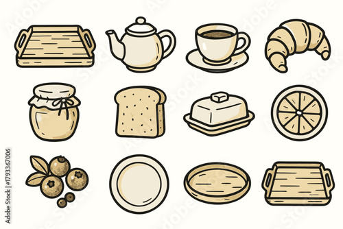 Tray breakfast honey set vector icons croissant plate dish icon toast cup