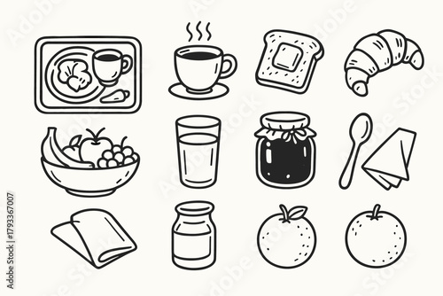 Napkin coffee breakfast tray meal spoon toast icons bowl icon vector glass